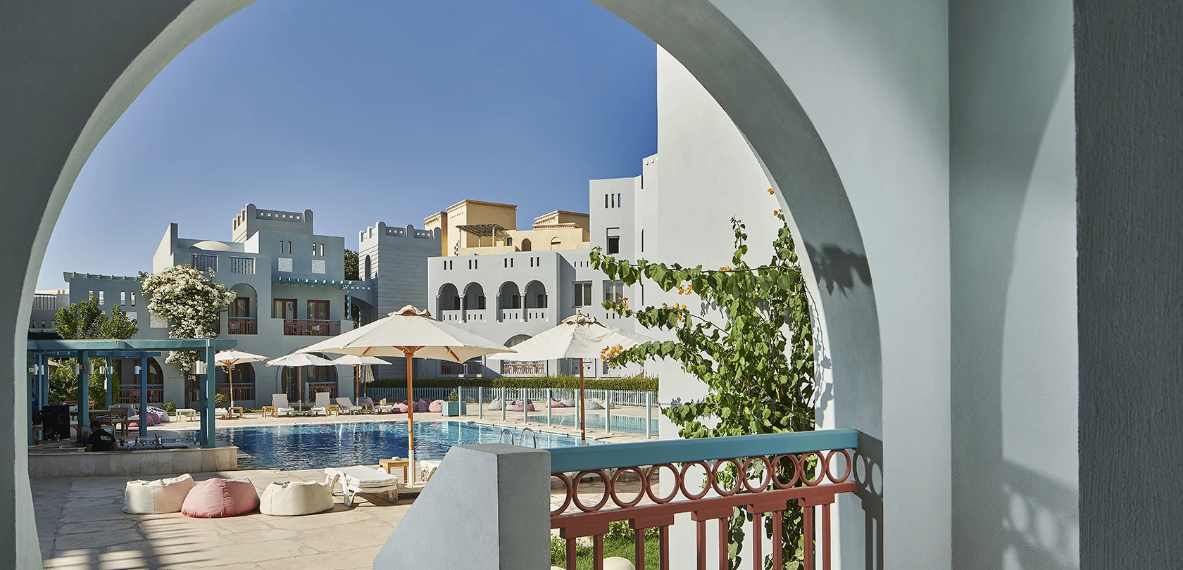 Terrace of a standard room at Fanadir El Gouna, Red Sea, Egypt, overlooking scenic views.